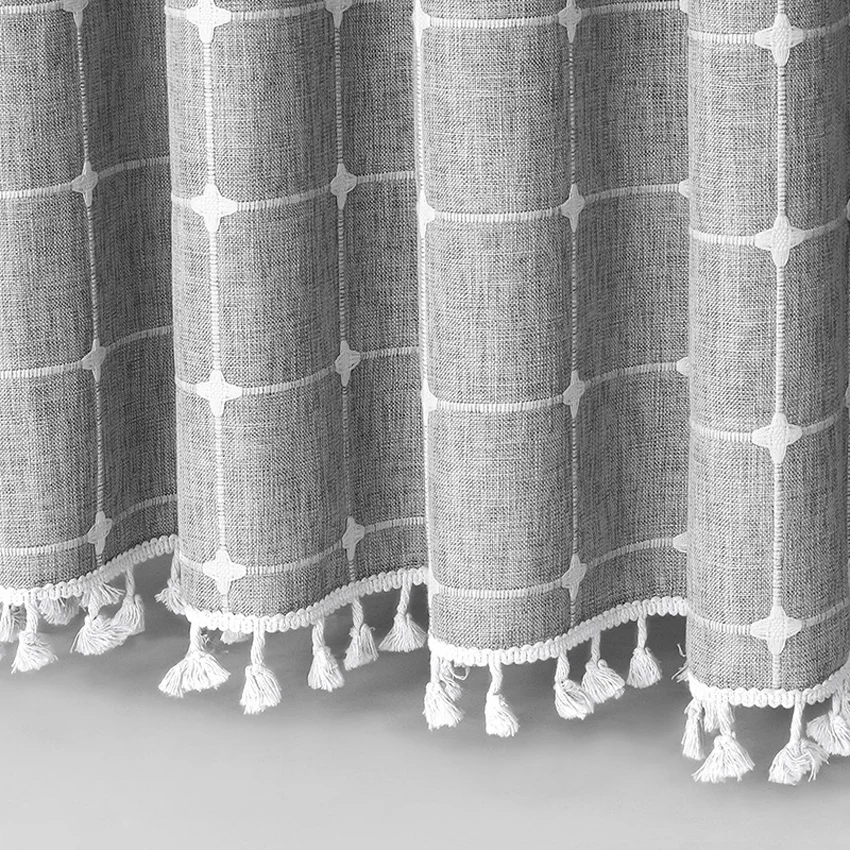 Jacquard Linen Shower Curtain with Tassels Nordic Waterproof Thick Bath Curtain for Bathroom Bathtub with Hooks