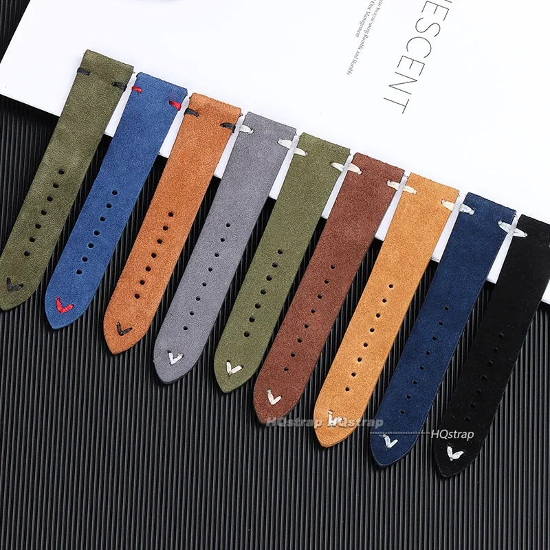 Vintage Grey Suede Leather Watch Strap with Handmade Stitching - Soft Replacement Wristband