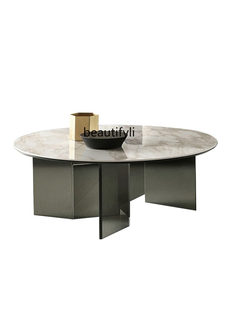 

Tempered Glass Coffee Table Gray Black Stainless Steel Marble round Tea Table Modern