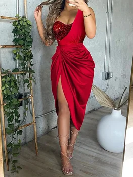 Dress 2023 Summer Sexy One Shoulder Irregular Office Lady Temperament Smocked Slit Fashion Sequin Sewing Slim Fit Party Dress 1