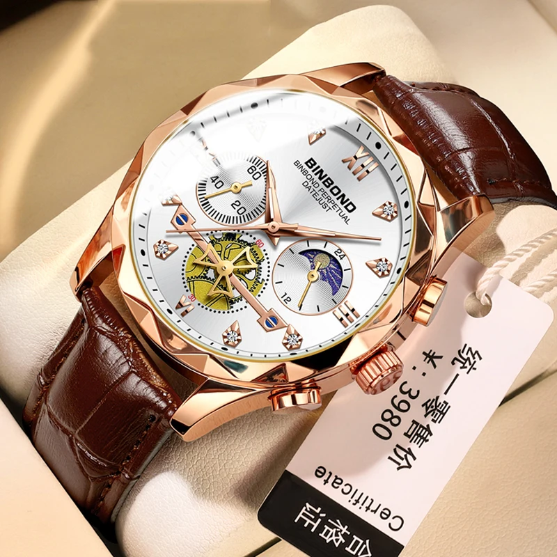 BINBOND Mens Watches Top Brand Luxury Leather Classic Diamond Scale