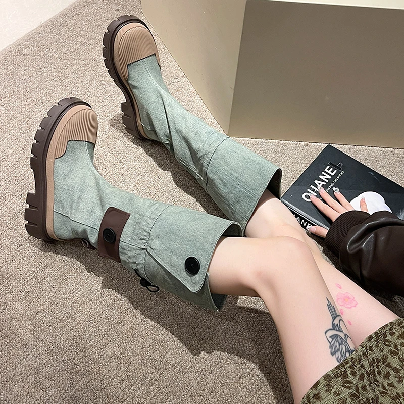 

Knee length boots for women's Western denim washed thick bottomed work boots, fashionable skinny boots, mid length knight boots