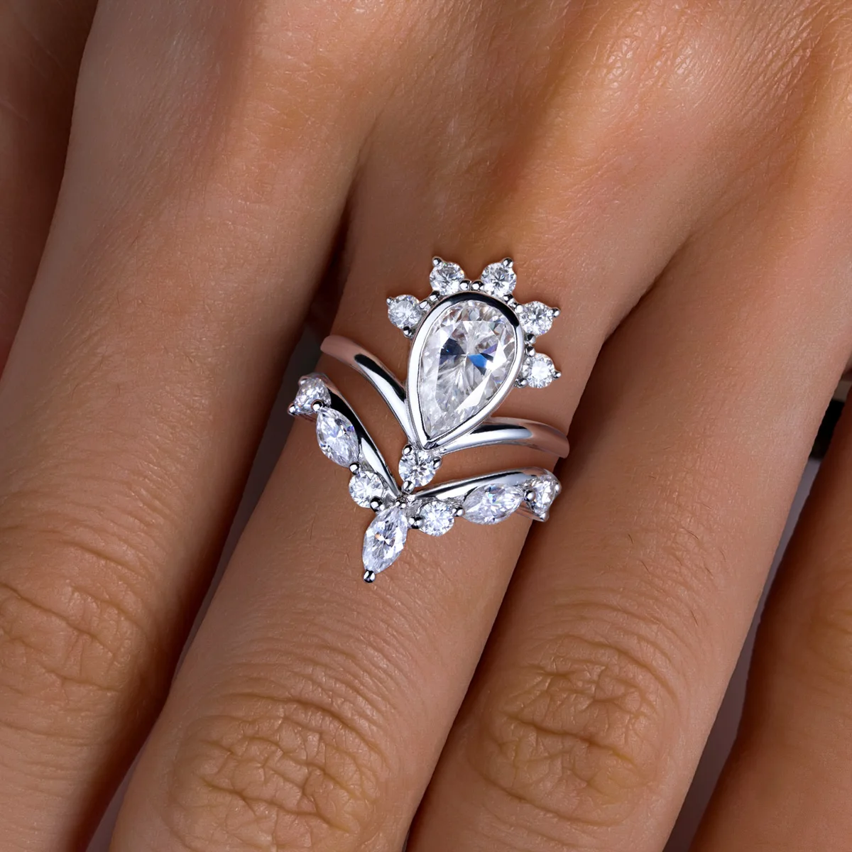 AnuJewel 3ct 배 컷 D 컬러 Moissanite 신부 반지 세트 실버 웨딩 밴드 크라운 기념일 보석 선물