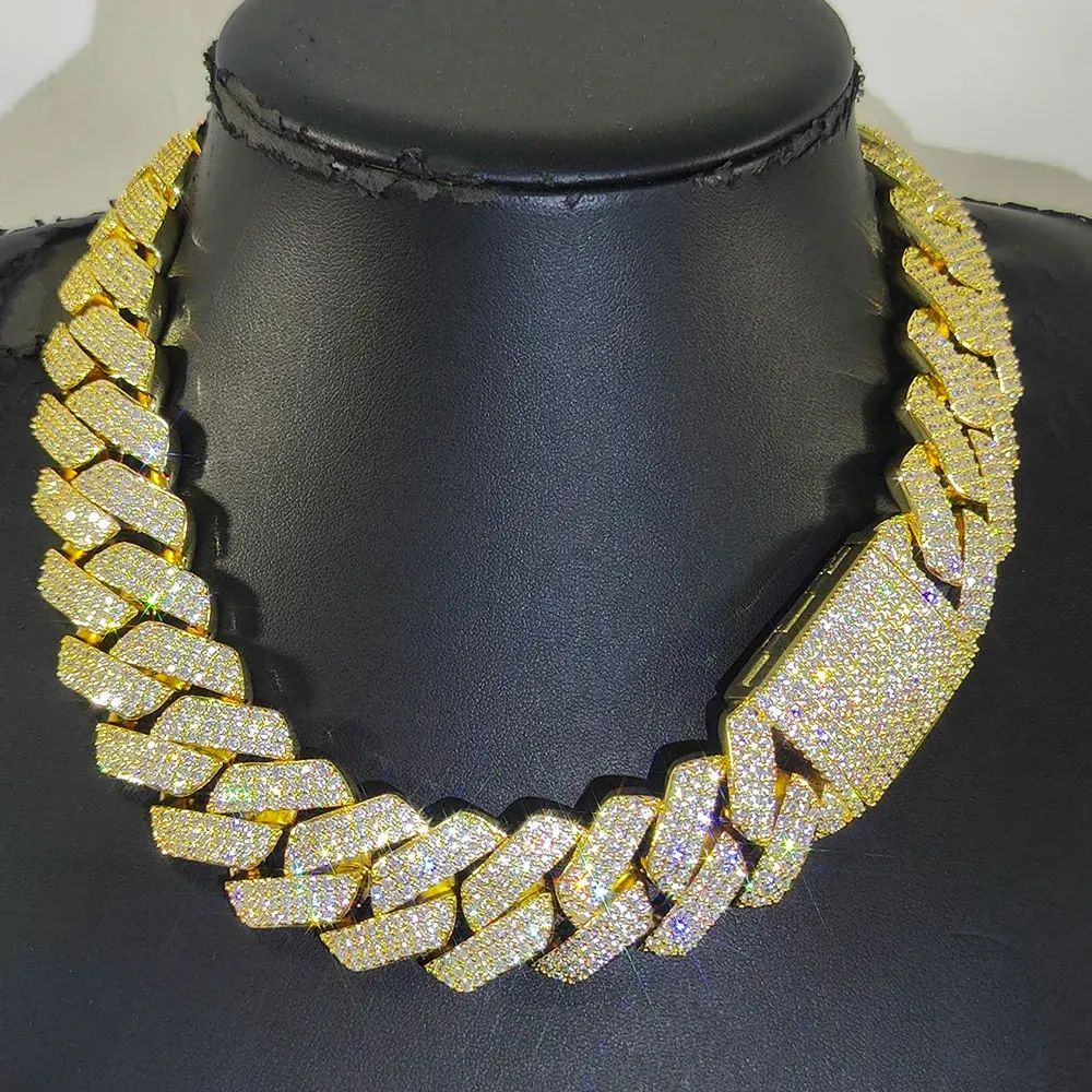 Thick 20-25mm 925 Silver Three Rows Prong Setting Cuban Link