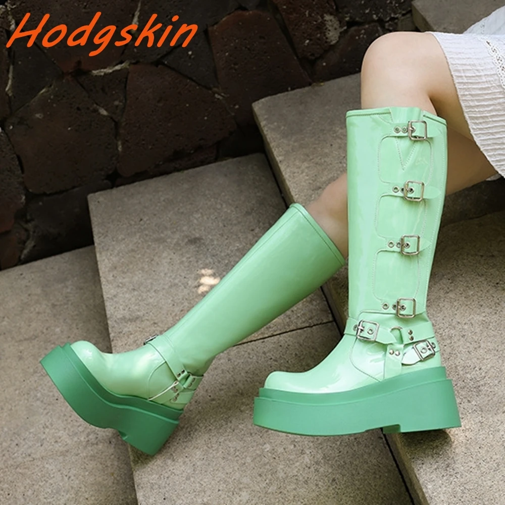 Candy Colors Women's Boots Patent Leather Round Toe Metal Buckle Strap Comfy Flat Thick Sole Shoes Street Style Knee High Boots