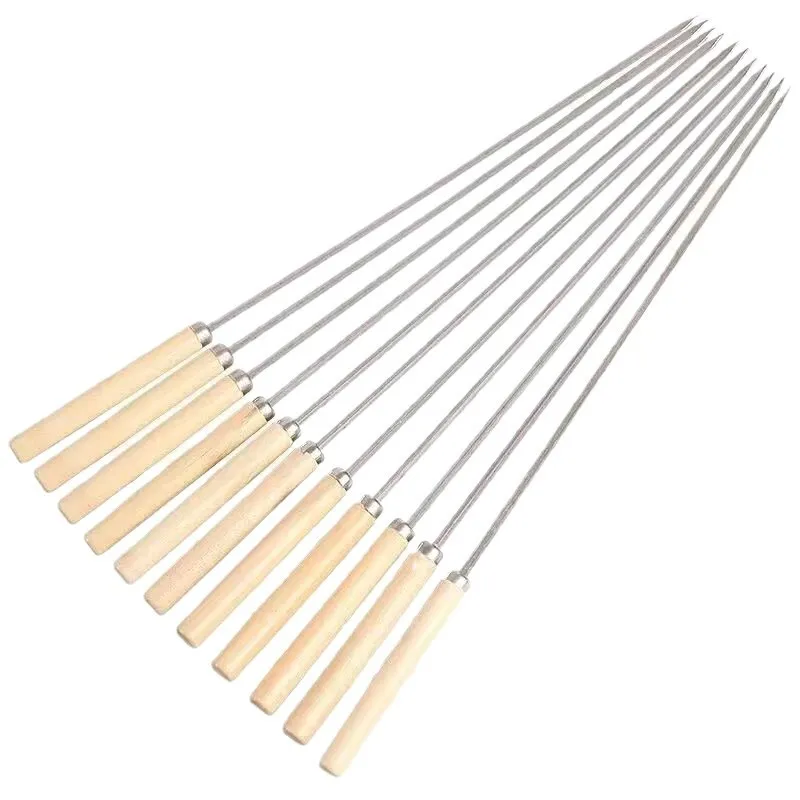 30pcs Wooden Handle Anti-Scalding Barbecue Skewers Can Be Reused 304 Stainless Steel Metal Barbecue Skewers Wide