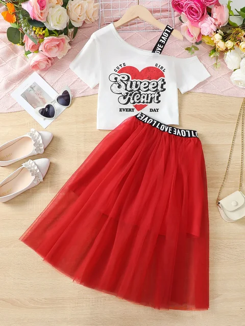 2PCS Summer Child Girl Clothes Set Short Sleeve Shoulder Leakage T-shirt+Mesh Skirt College Style Costume for Kid Girl 8-12Years 1