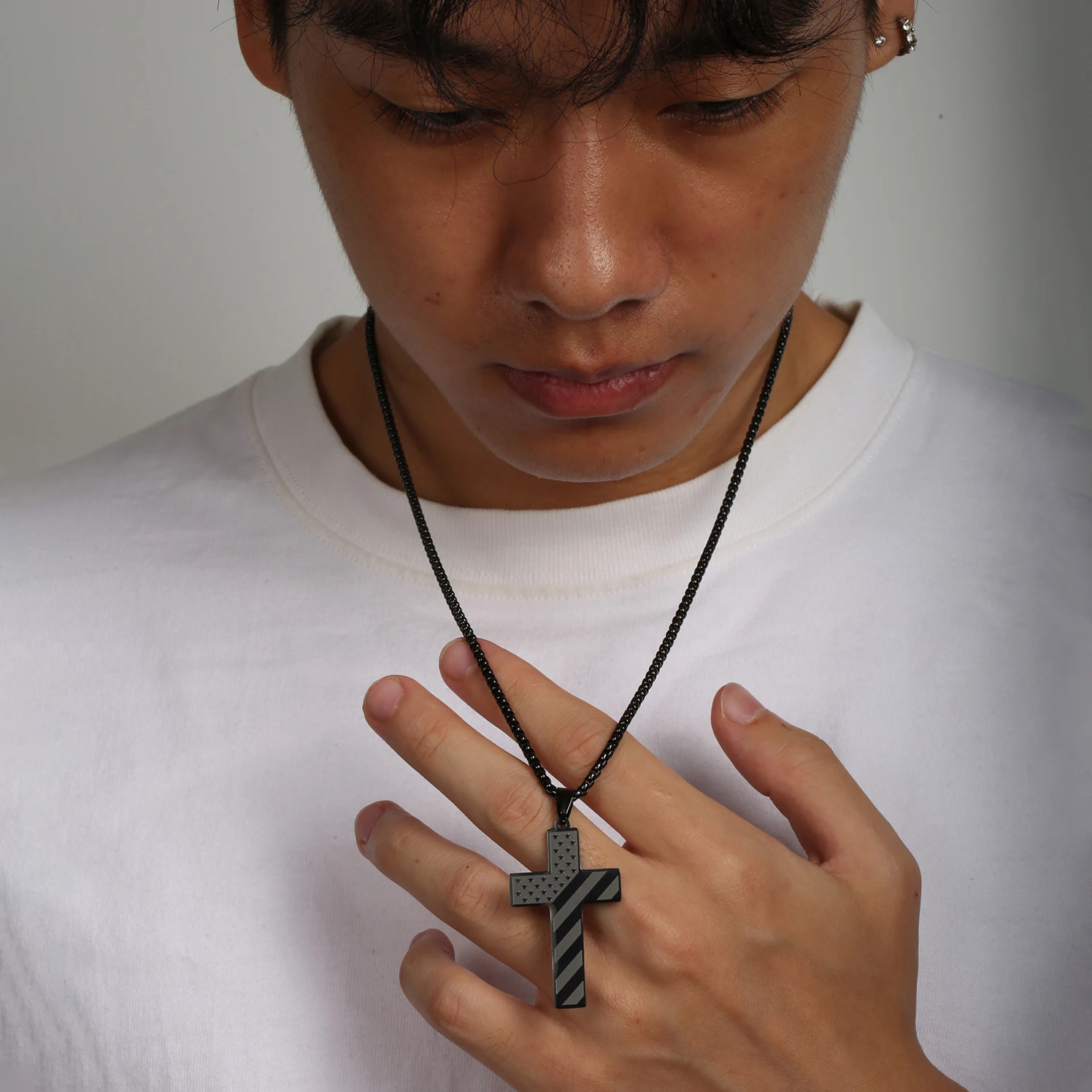 Collier Homme Male Stainless Steel Necklace USA Flag Cross