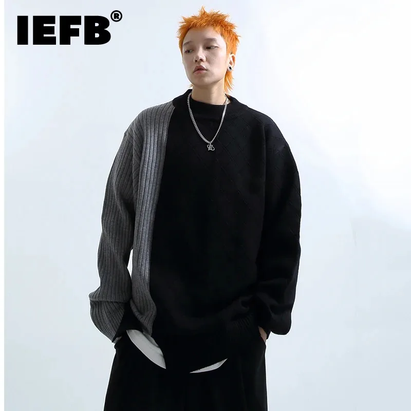 

IEFB Stripe Men's Sweater Fashion Contrast Color Spliced Round Neck Pullovers Autumn New Male Clothing Trend Knitwear 24X1363