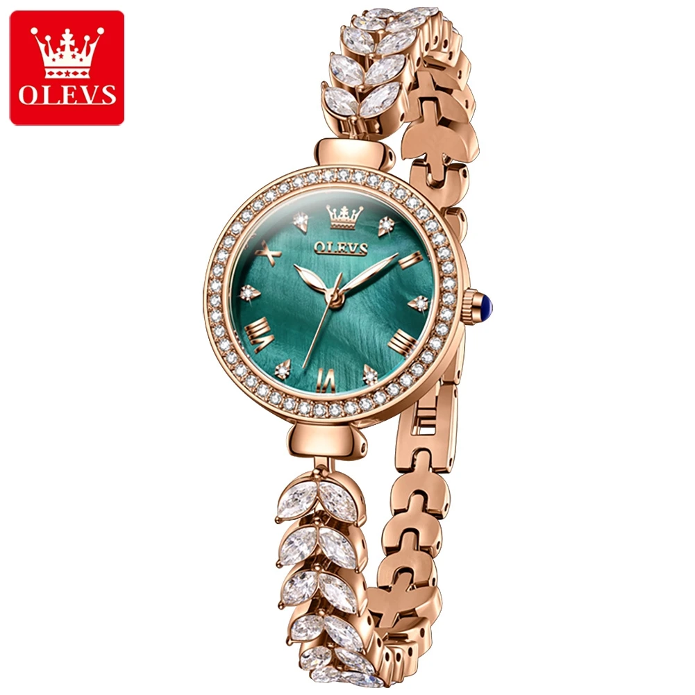 OLEVS Fashion Rose Gold Green Quartz Watch for Women Luxury Crystal Diamond Bracelet Waterproof Womens Watches Montre Femme