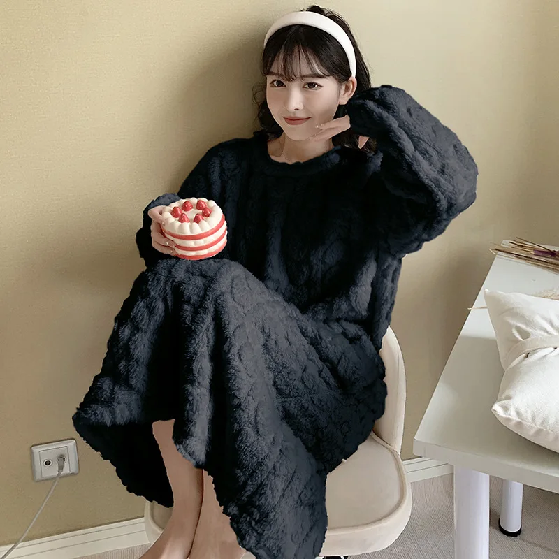 

Фланелевая ночная рубашка из кораллового бархата, домашнее платье, домашняя одежда для отдыха, Повседневная однотонная женская ночная рубашка с длинным рукавом и круглым вырезом