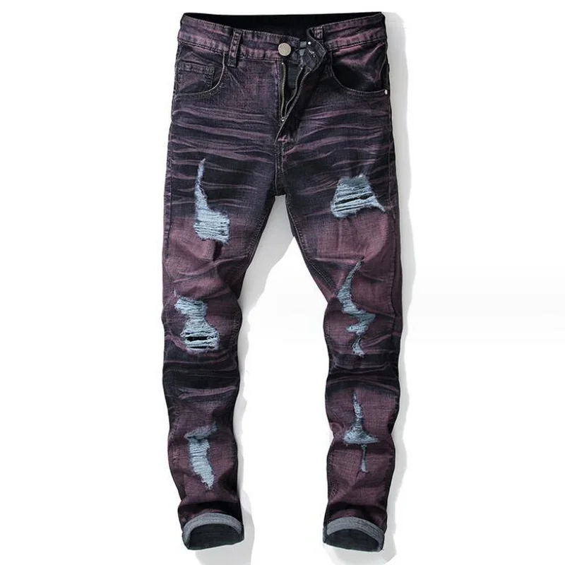 

Men's Jeans Elastic Holes Slim Fit Denim Pants High Street Straight Jeans Multiple Styles Hip Hop Beggar Pants Size 28-42