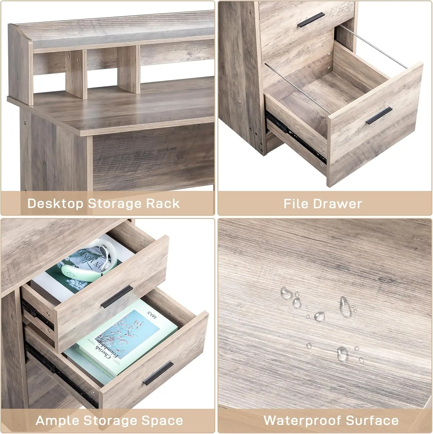 Grey Computer Desk with Drawers ＆ Hutch, Modern Home Office Desks with Storage for Kids Students Teens Small Wood Table for Work