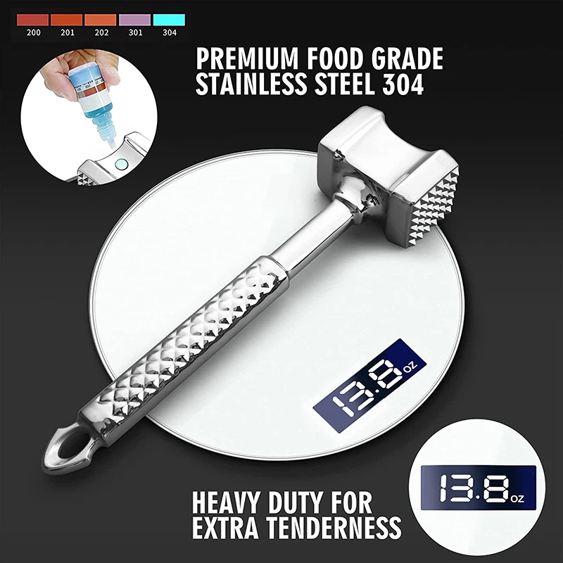 Description Picture 3 of item304 Stainless Steel Meat Tenderizer Hammer, Dual Sided Meat Mallet Pounder for Beef, Steak & Poultry - Kitchen Tools