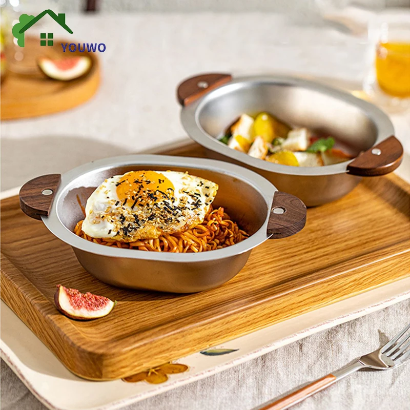 

500ml Stainless Steel Bowl With Wooden Handle Anti Falling Children's Rice Noodle Bowl Korean Dessert Salad Soup Dish