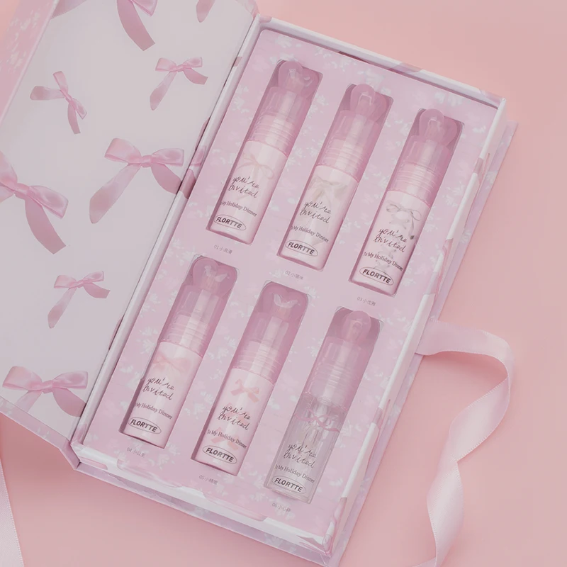 FLORTTE Little Bow Collection Lipstick Lip Cream ALL IN Gift Set Professional Makeup Kit Box Moisturizing Hydrating Lip Glow