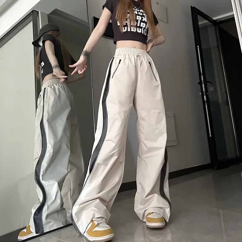 

QWEEK Y2K Parachute Cargo Pants Women Korean Streetwear Techwear Sweatpants Harajuku Zipper Track Pants Loose Wide Leg Trousers