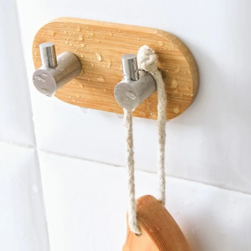 Natural Bamboo Stainless Steel Hook Wall Clothes Bag Headphone Key Hanger Kitchen Bathroom Door Towel Rustproof Shelf WJ622