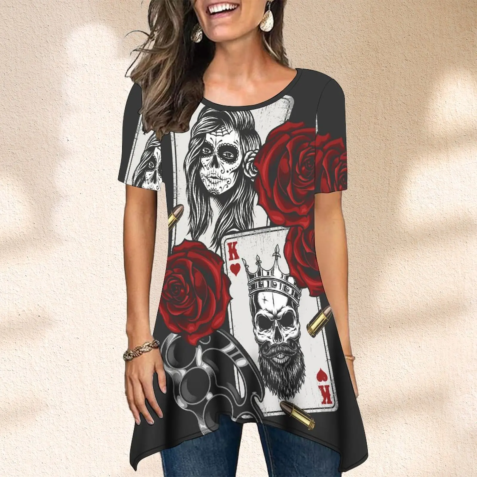 

Summer Women's Short Sleeve T-Shirt Blouse Fashion Playing Cards Roses Print Women's T-shirt Tee Shirt