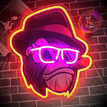 Funky Monkey with Hat Glasses Cigar Neon Sign Purple and Yellow LED