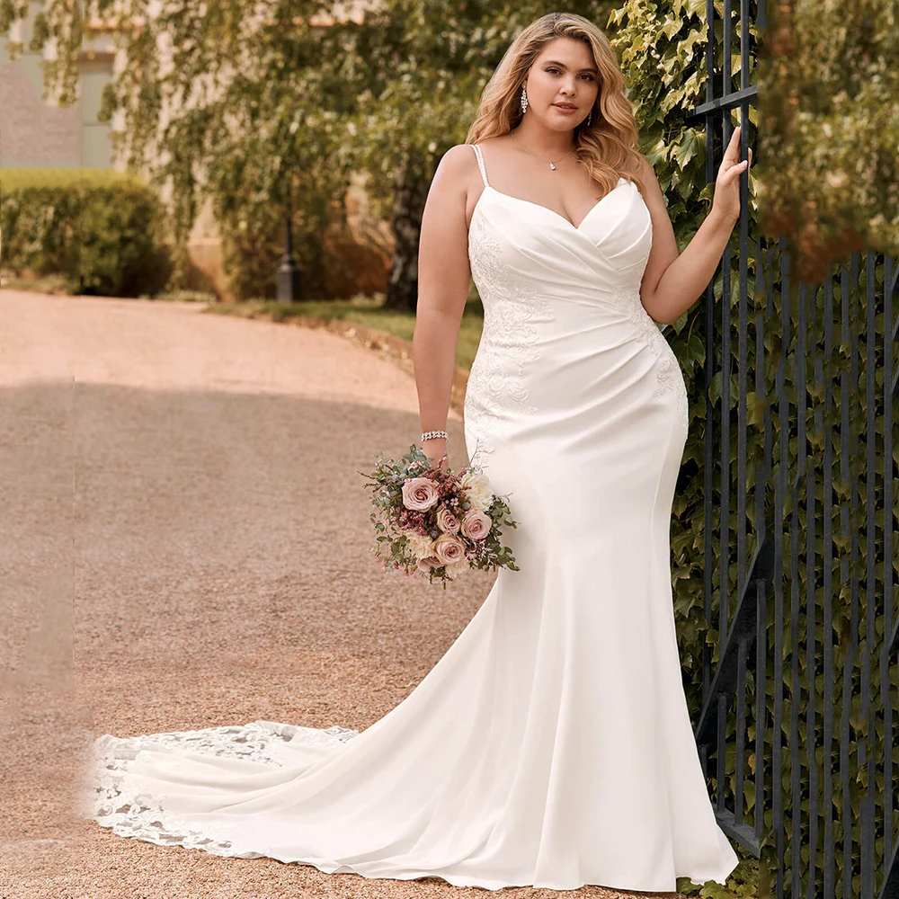 

Modern Plus Size Wedding Dresses For Bride Spaghetti Straps V-Neck Bride Gown Jersey Mermaid Sweep Train Vestido De Noiva
