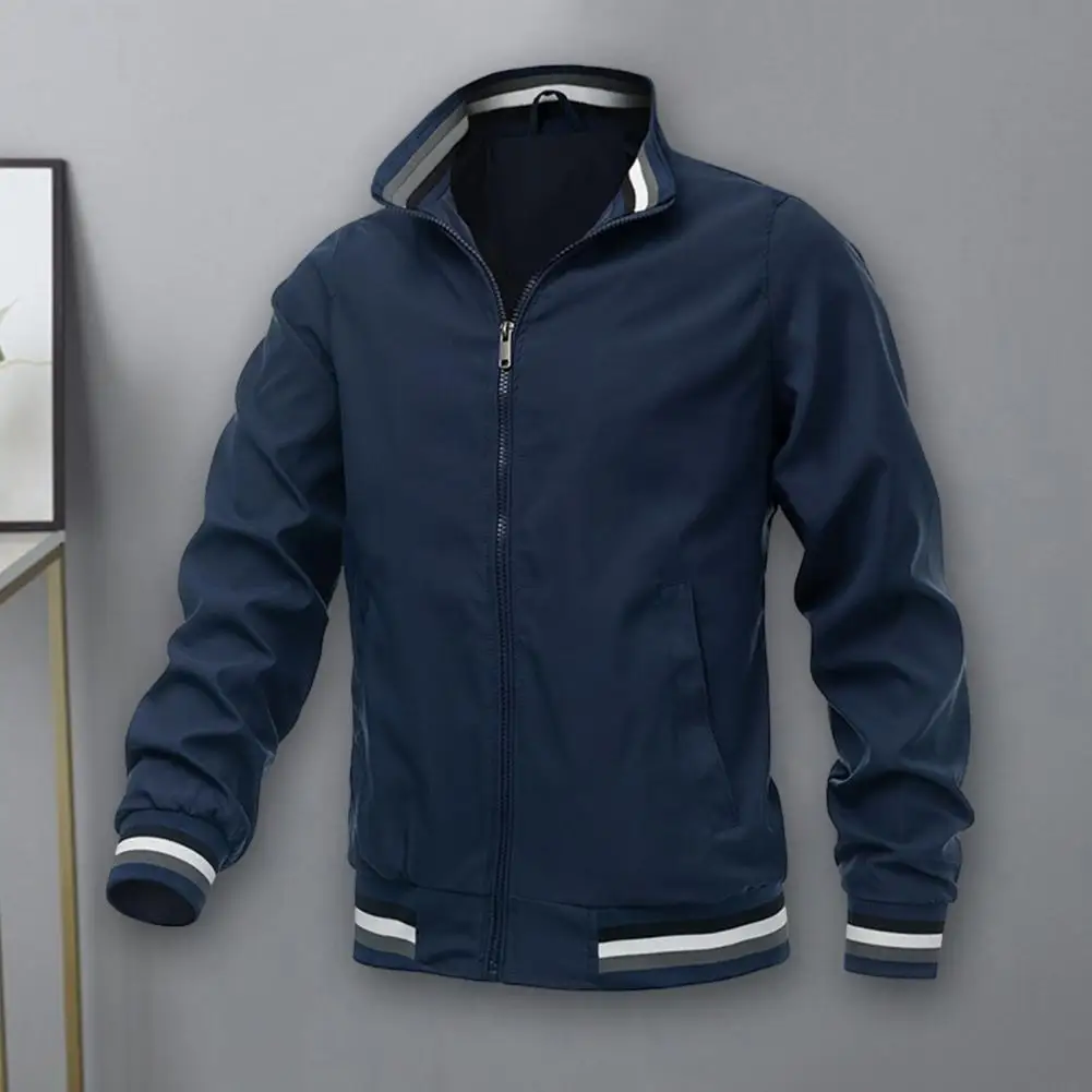 

Stand Collar Coat Men Solid Color Windbreaker Men's Casual Sports Coat with Stand Collar Zipper Placket Side Pockets for Spring