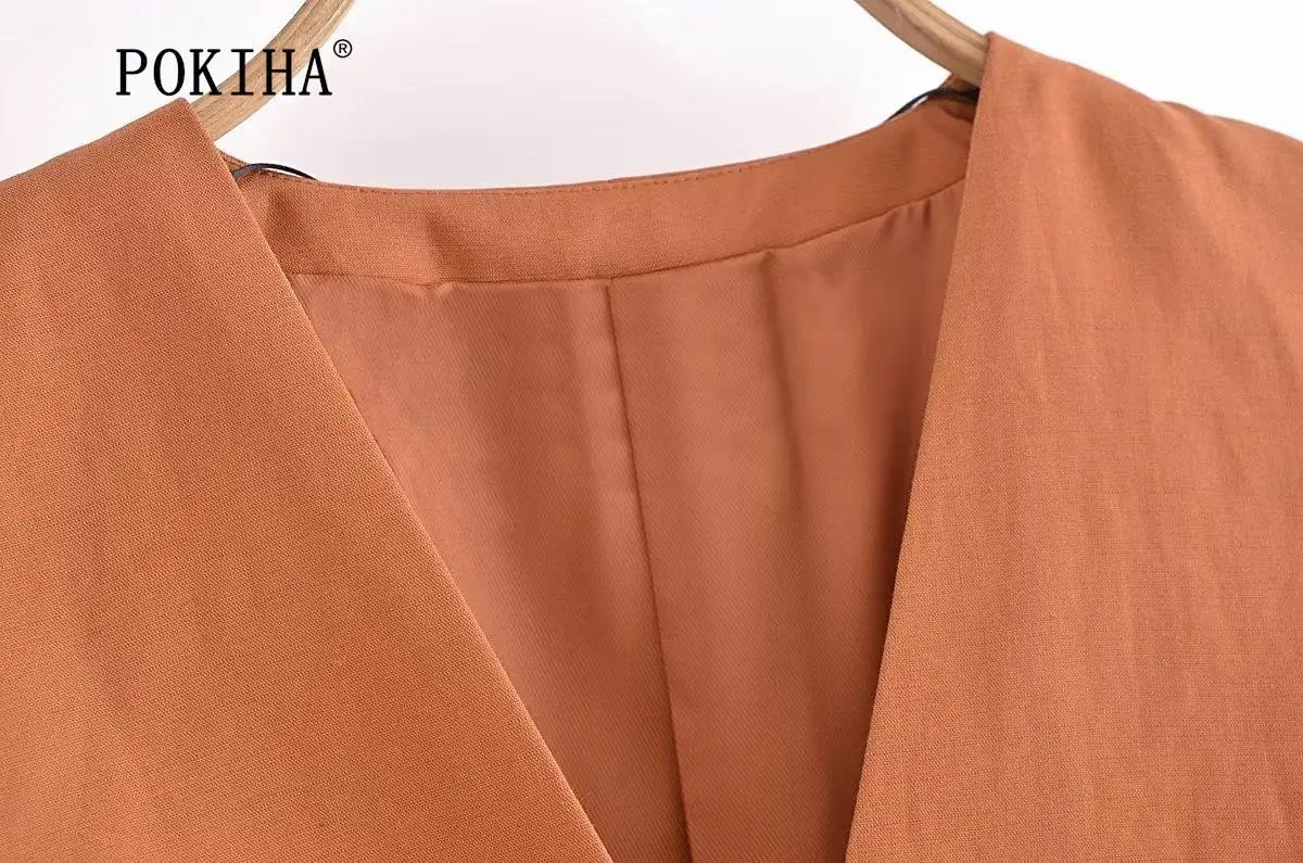 Pokiha Fashion Women Vintage Linen Front Buttons Cropped Waistcoat And Elegant Mid Waisted Midi Dress Female Chic Two_voghion.com