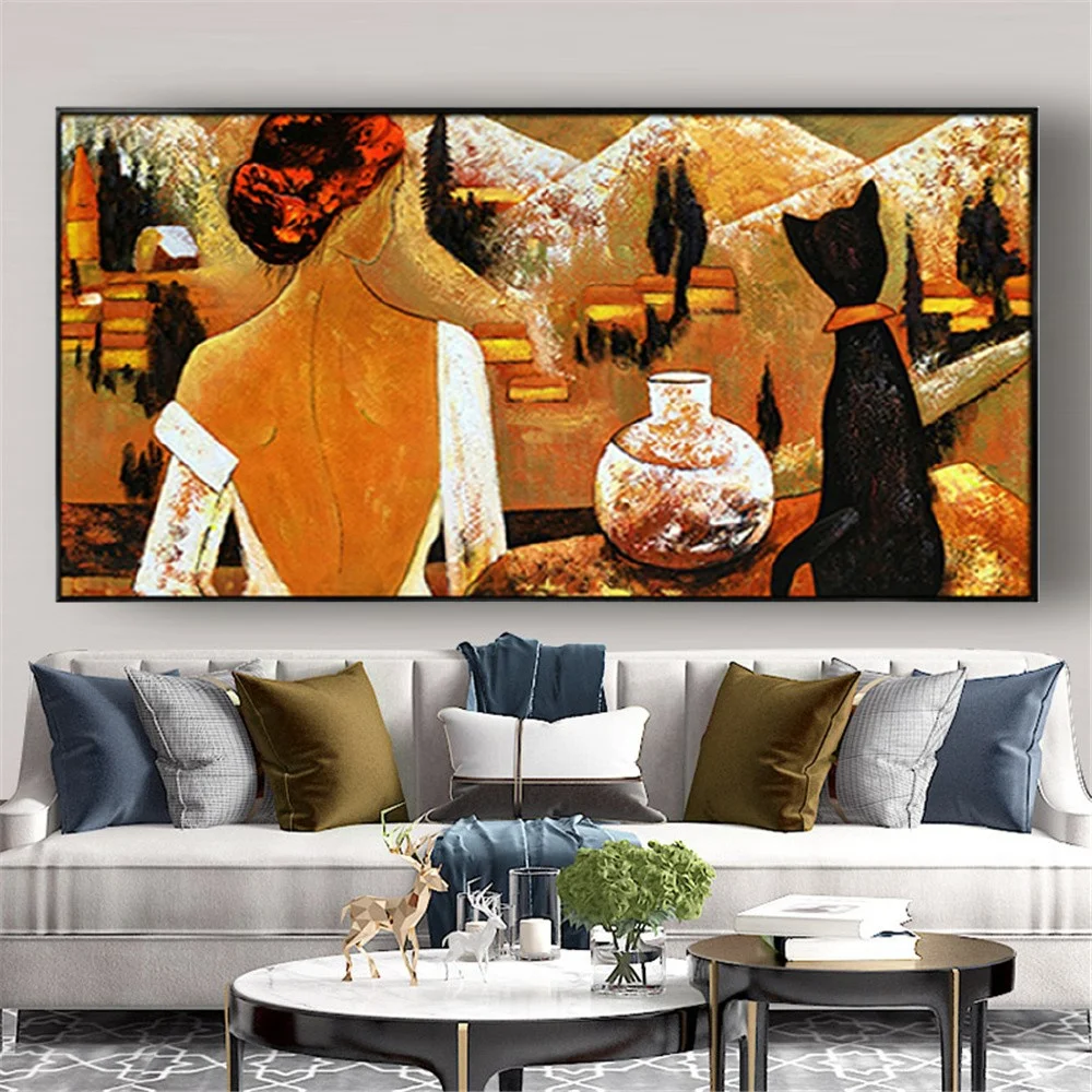 

100% Hand-Painted Woman With Cat Oil Painting Old Antique Brown Canvas Picture Retro Dark Home Decor Mural Large Wall Art Poster