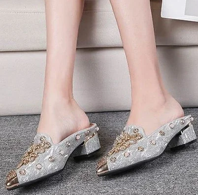 Mules Shoes Women Sandals Ladies Elegant Rhinestone Designer Mirror Luxury Party Slipper Summer New 2023 Slippers Fashion Roman