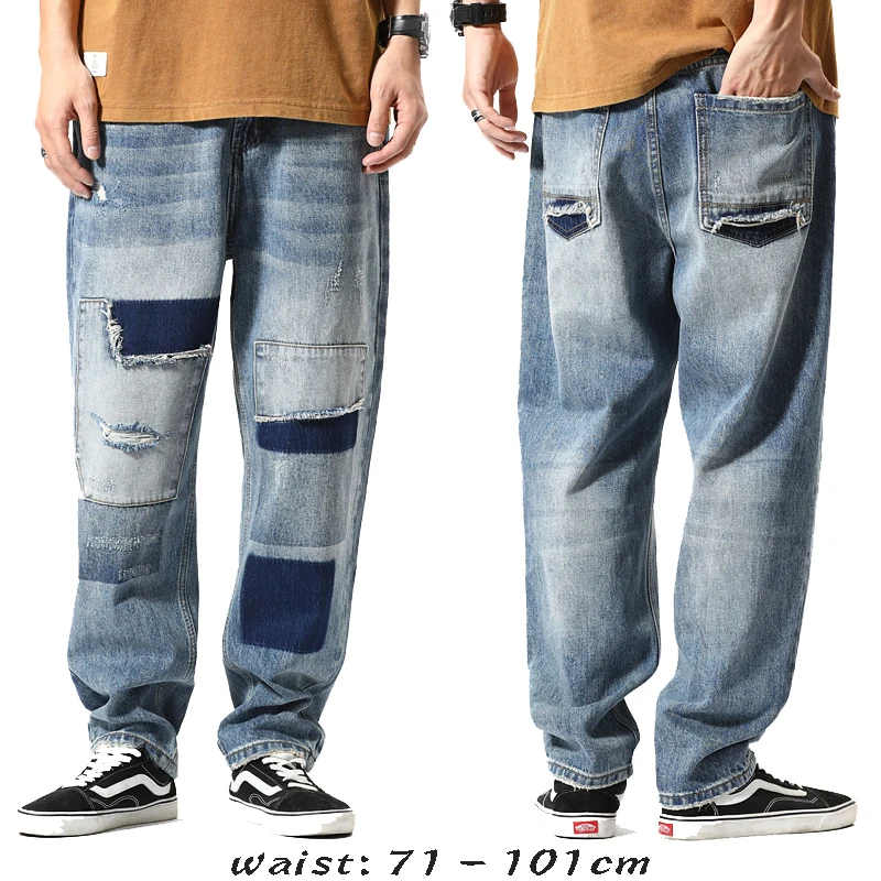 High quality harem long jeans for men big size ripped tassel wash cotton denim vintage trousers new 2024 clothing - blue