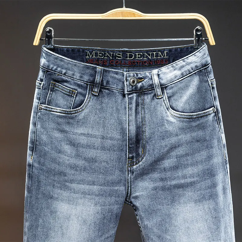 Simple All-Match Fashion Trendy Casual Trousers 2024 Light Blue Jeans Men's Versatile Slim Fit Skinny Pants