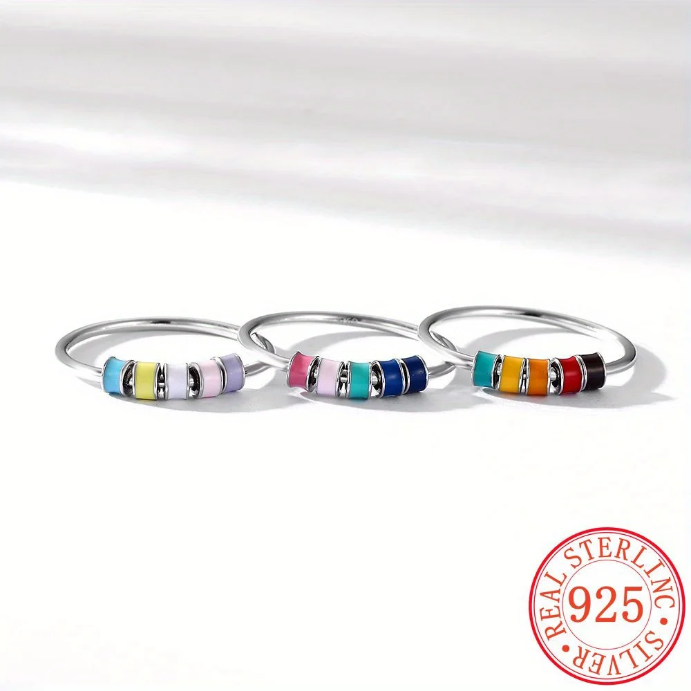 

Exquisite Enamel Drop Glue Ring, Rotating Beads S925 Sterling Silver Ring, Anti-Anxiety Ring, Ins Retro Style Wedding RingDaily