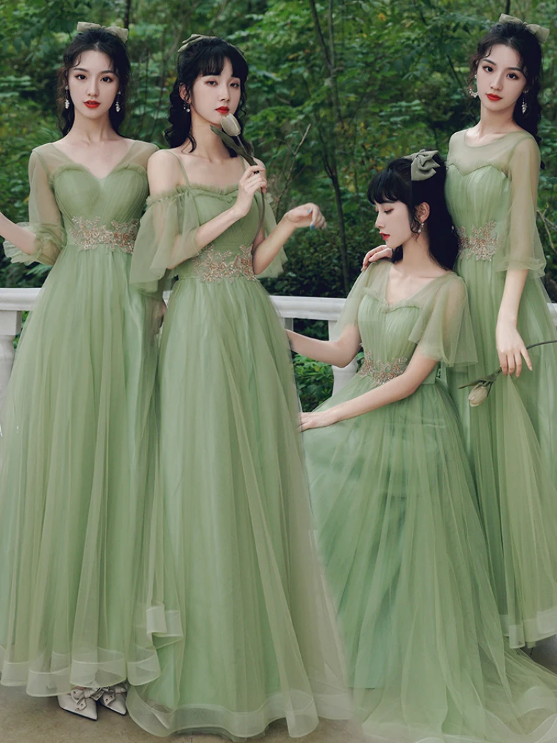 

N78 Green Bridesmaid Dresses Long Tulle Formal Appliques Lace Up Birthday Prom Robes Princess Girl Wedding Party Dress