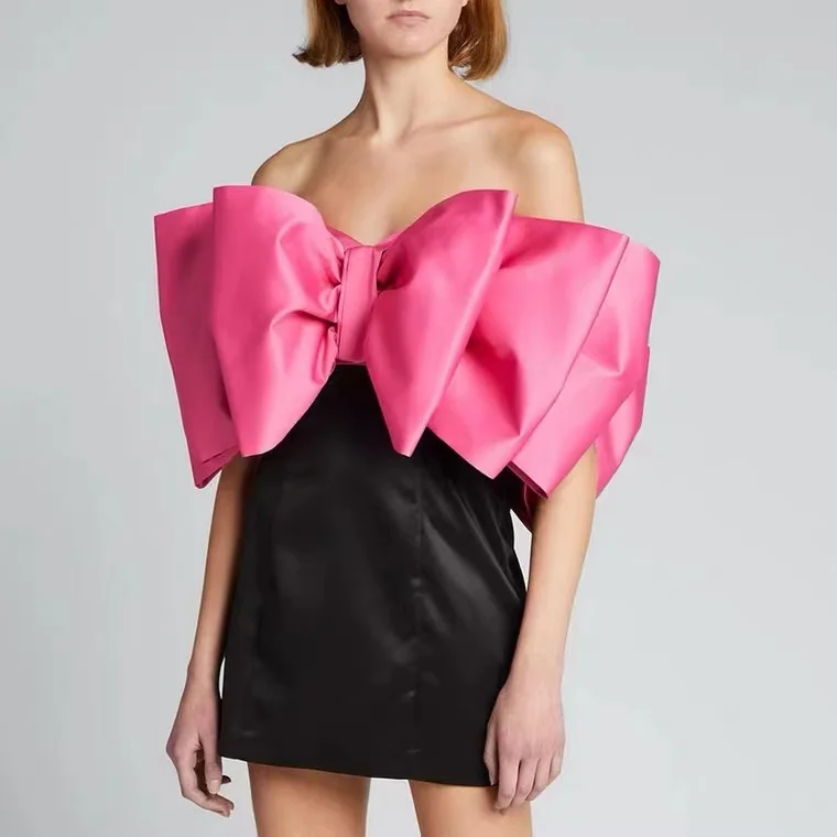 Emily In Paris Same Three Dimensional Multi-Layer Ruffle Big Bow Dress  Black Sexy Strapless Off Shoulder Mini Short Dresses - AliExpress 200000345