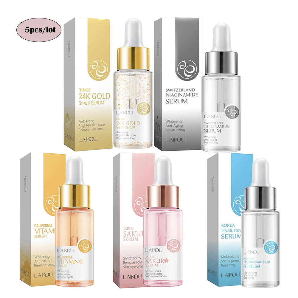 Laikou 5pcs=85ml 24k Gold Snail Serum Nourish Essense Oil Control
