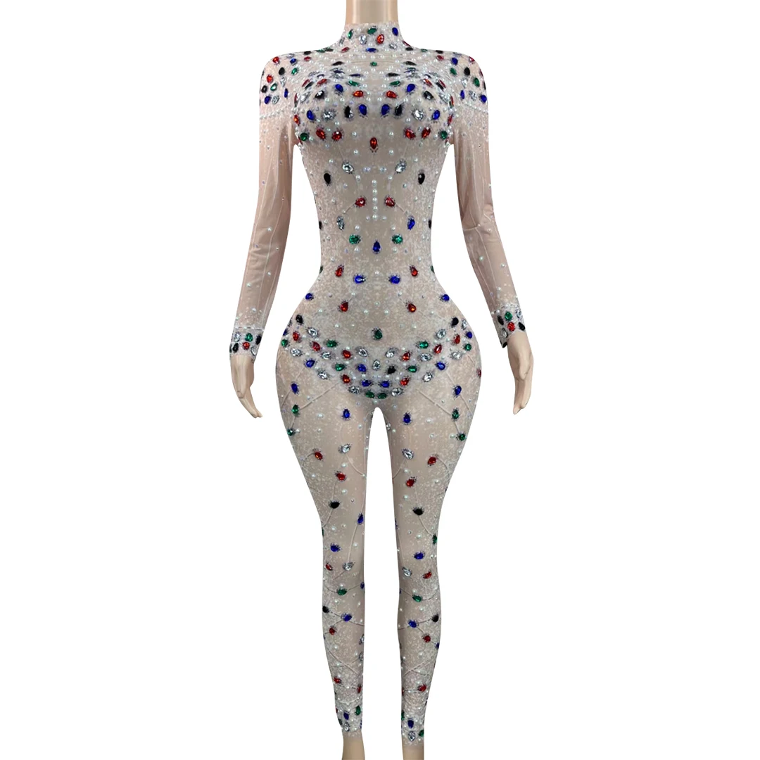 

Fashion Lady Elegant Long Sleeve Rhinestone Jumpsuit Bling Diamond Beaded Evening Sexy City Dresses Woman Outfit Playsuit