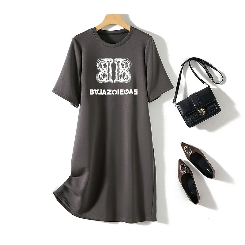 Women Clothing Letter Printed Short Sleeve Dresses Summer O-neck Fashion Tunic Straight Loose Casual Pullover Dress 4