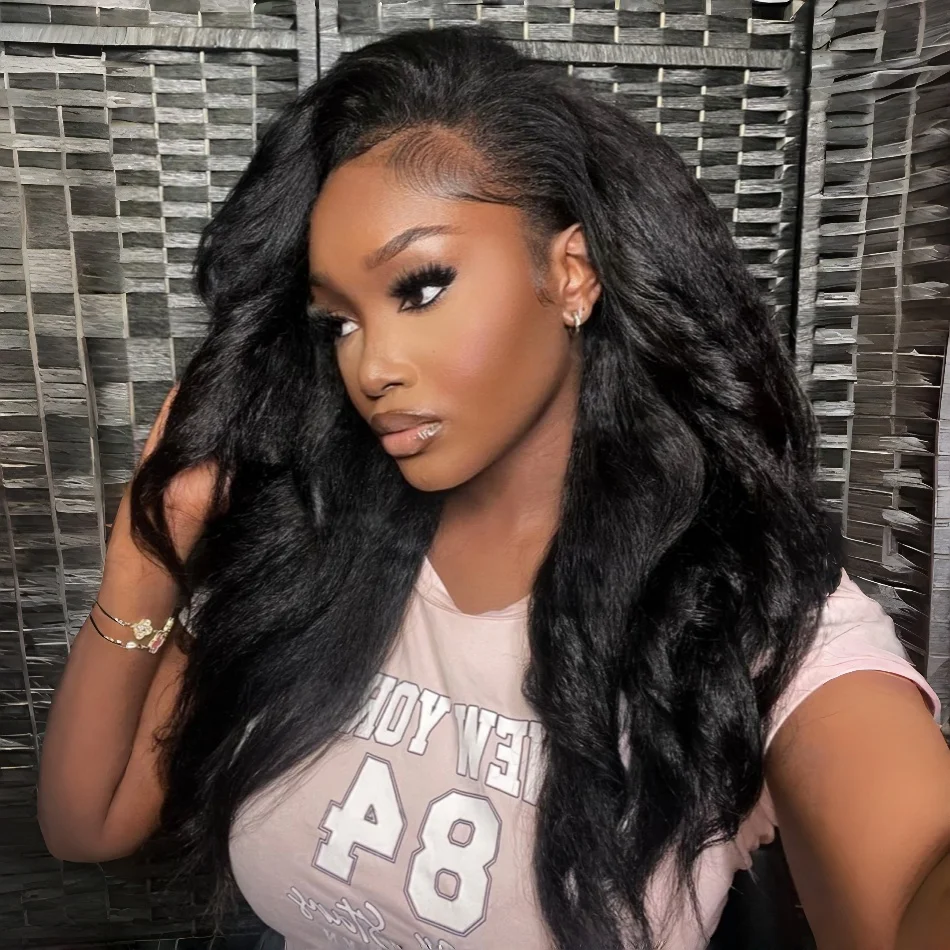 Kinky Straight Half Wigs Human Hair With Drawstring Glueless Wigs 250 Density 3 IN 1 Half Wigs Flip Kinky Straight Half Wig 40In 2