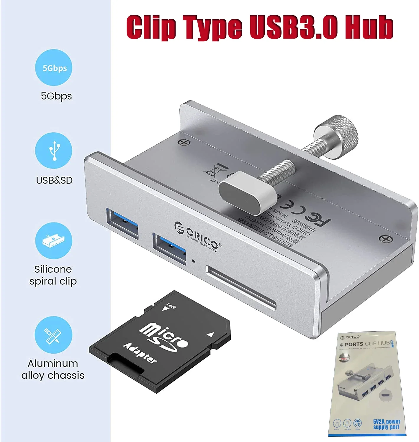

USB-разветвитель алюминиевый с 4 USB-портами и кабелем для передачи данных