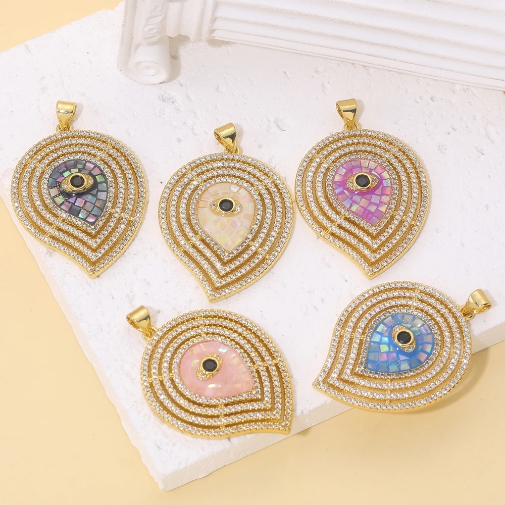 Juya 18K 리얼 골드 도금 수제 큐빅 지르콘 다채로운 오팔 쉘 DIY 펜던트 쥬얼리 만들기위한 터키어 그리스 악마의 눈 매력