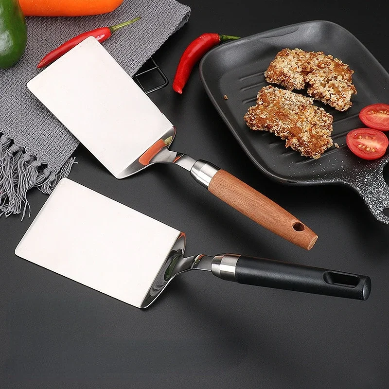 Stainless Steel Steak Spatula Pancake Scraper Turner Grill Beef Fried Pizza Shovel With Wood Handle Kitchen BBQ Tools