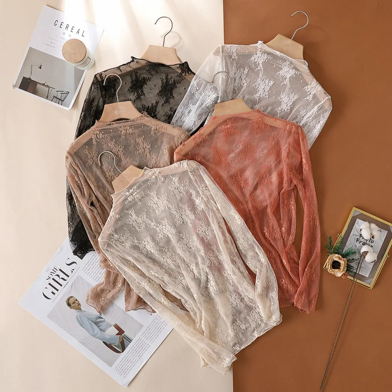 Sexy Women Mesh T-Shirts Transparent Lace Blouse Long Sleeve See Through Tops For Women Bottoming Shirt Sheer Tees Body Crop Top 2