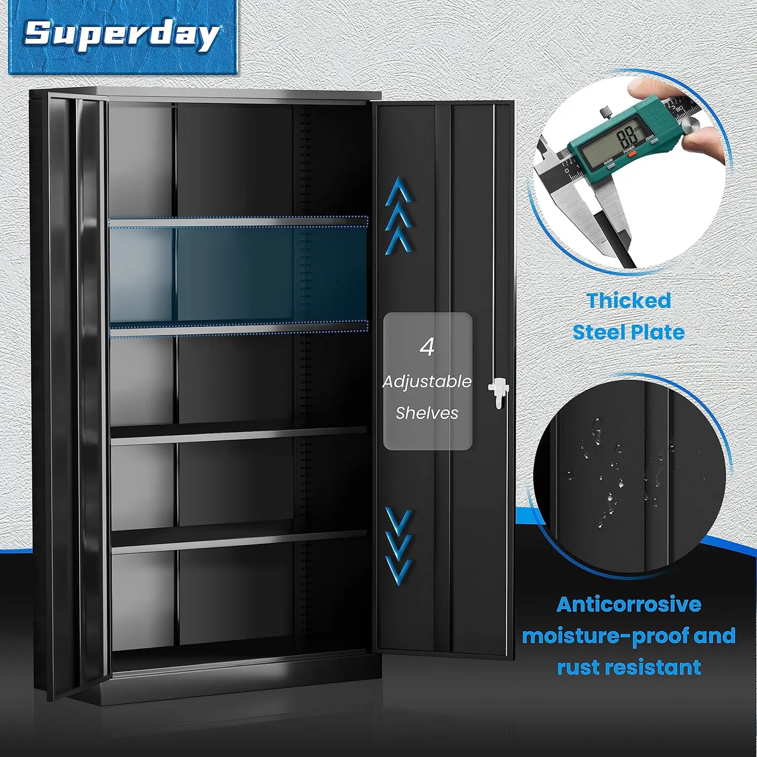 Lockable Storage Cabinet, 71" Garage Storage Cabinets with Lock, Black Metal Cabinet with 2 Doors and 4 Adjustable Shelves 5