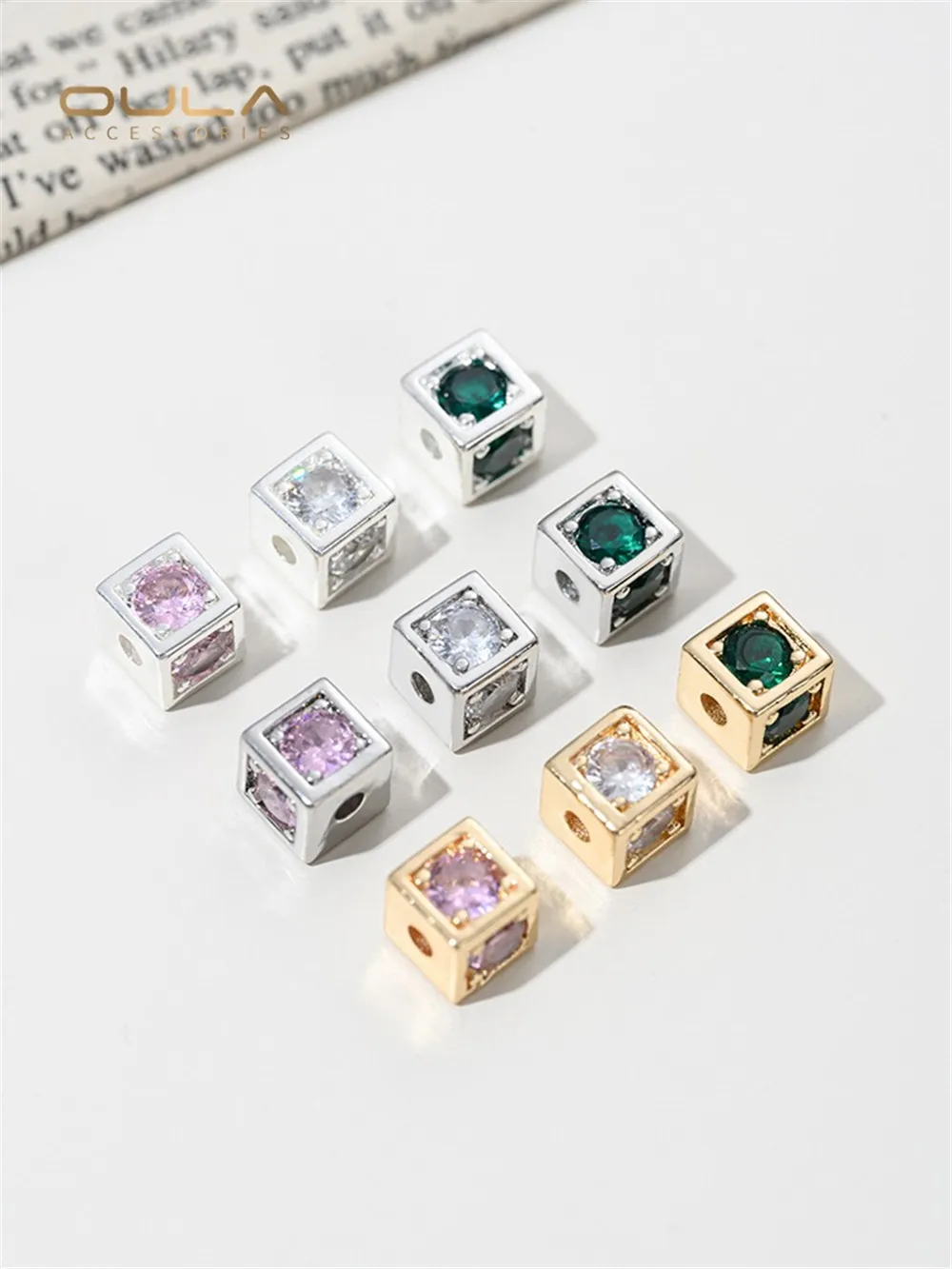 1개 14K 금도금 사각형 구멍 비즈, 사면 지르콘 사각 스페이서 비즈, DIY 비즈 목걸이 액세서리