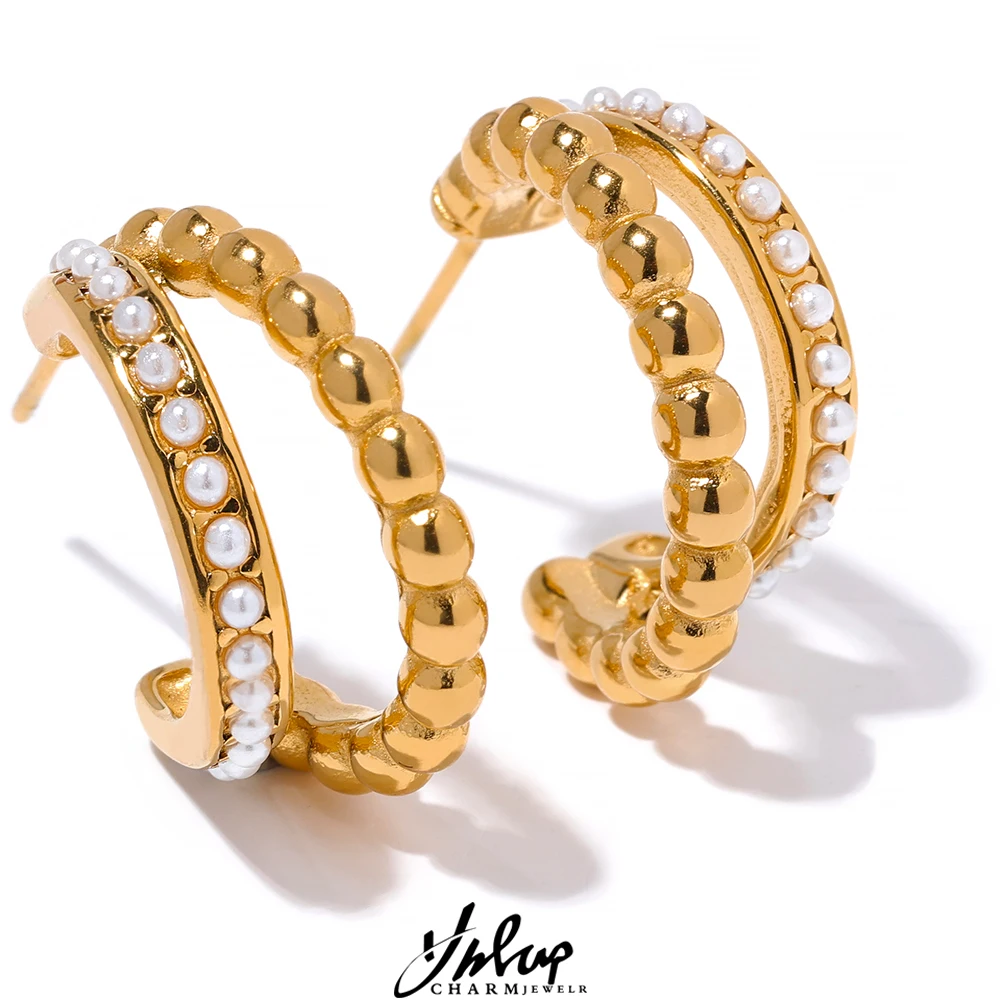 Women's Gold Hoop Earrings with Imitation Pearls Stainless Steel Elegant Design