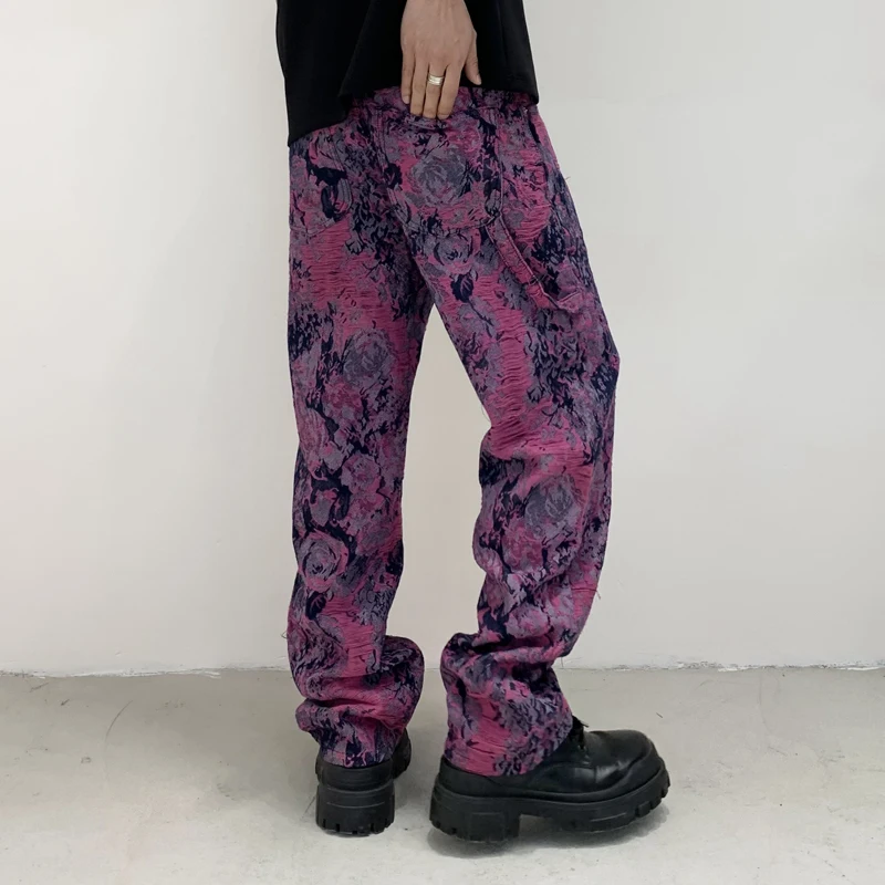 Y2K Men's Streetwear Latest Design Jacquard Men's Purple Jeans Men's Printed Flip Fringe Straight Fit Jeans Full Length Pants