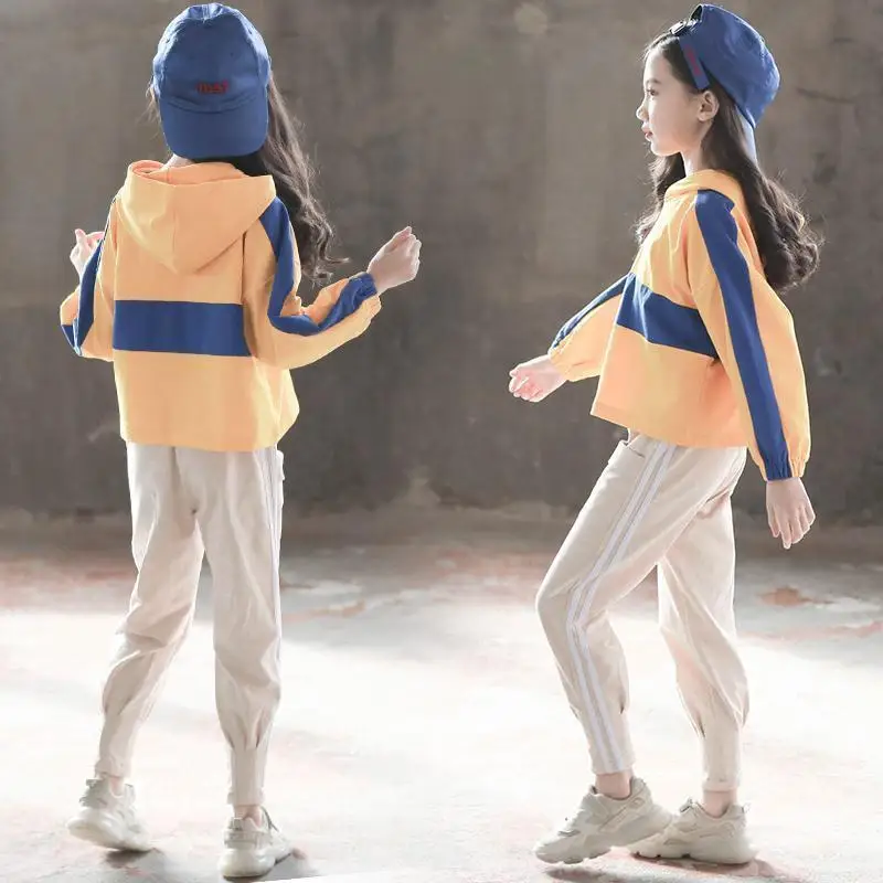 

Girls' Sets 2023 Spring Autumn Hooded Sweater Contrast Color Loose Cuffed Pockets Pants Two Pieces Children 5-14 Years Old