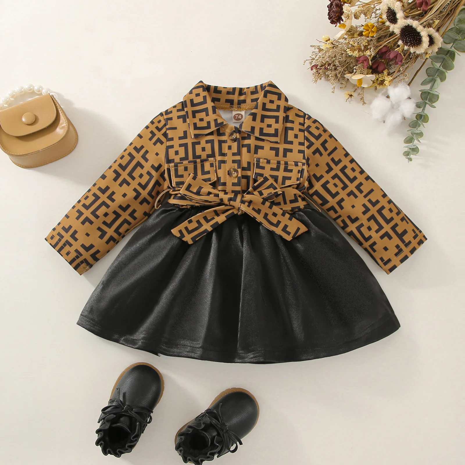 

2023 New Baby Dresses for Girls Full Printed Patchwork PU Leather with Belted Princess Party Dress Newborn Girl Clothing 0-3Y
