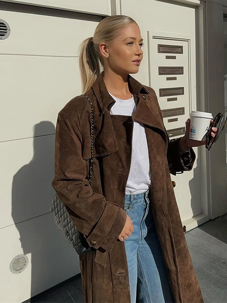 Belt Suede Long Trench Coat Women Loose Casual Velvet Maillard Windbreaker Outwear Autumn Double Breasted Commute Overcoat