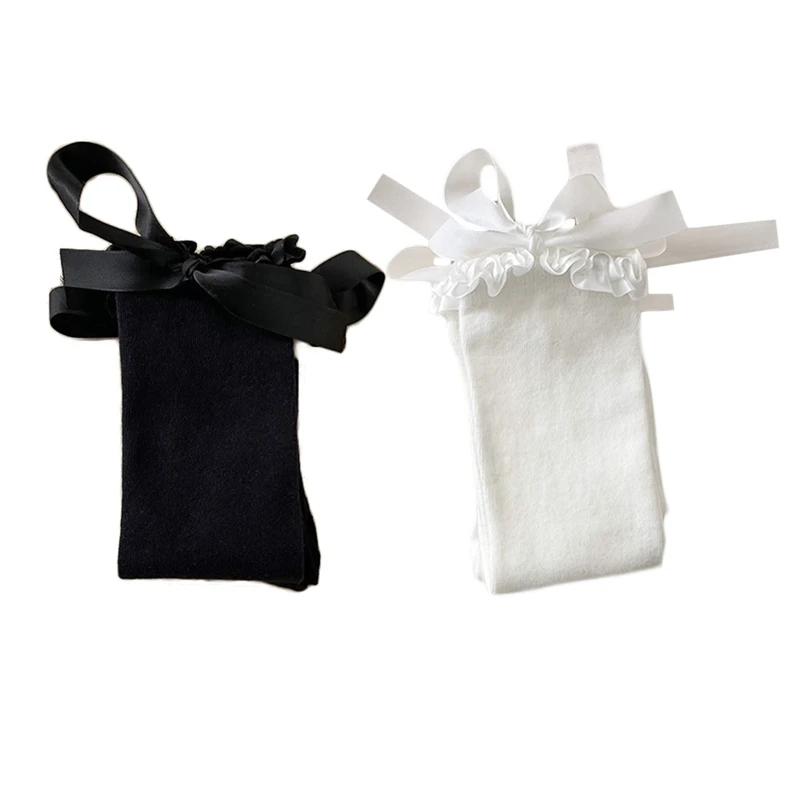 

Women Thigh High Stockings Satin Ruffled Top Ribbon Bow Over Knee Socks T8NB